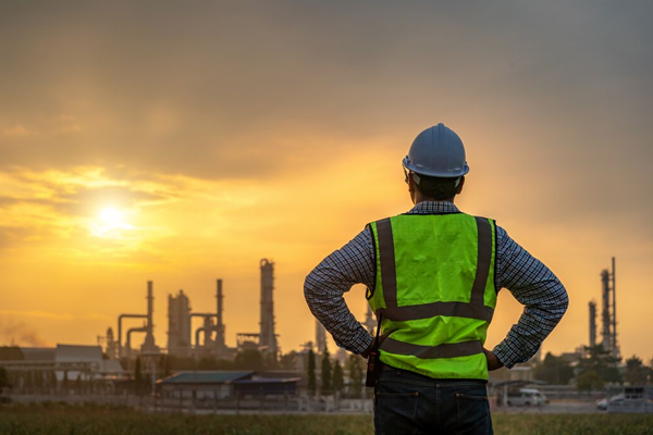 illustratie man bij raffinaderij in ondergaande zon
